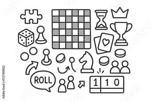 Board Game Icons. Hand-drawn doodle illustration square game board chessboard, dice, pawn, knight piece, puzzle square, checkers, game tokens, cards,