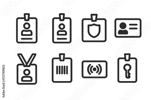 Office Badge Icons. Solid, filled icon set of company and office badges: employee badge, visitor pass, security pass, ID card with photo, lanyard badge,