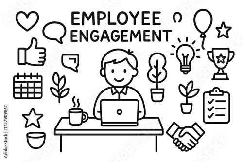 Employee Engagement Doodle. Hand-drawn doodle illustration Employee engagement Employee, laptop, desk, coffee cup, heart, thumbs up, speech bubble, plant,