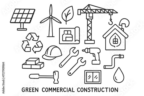 Eco Construction Icons. Hand-drawn doodle illustration Green commercial construction [solar panel, wind turbine, leaf, crane, blueprint, eco house, recycling