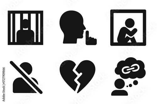 Psychological Punishment Icons. Solid, filled icon set of psychological punishment: solitary confinement, silence icon, crossed mouth, isolation room, no