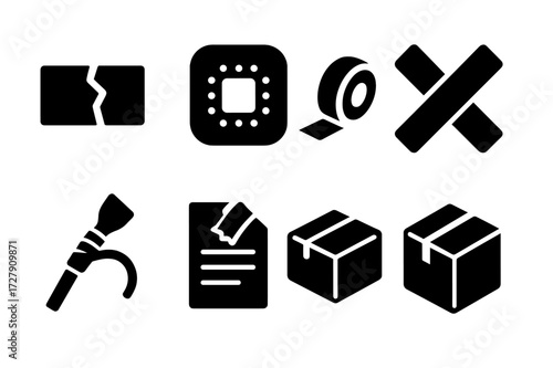 Tape Repair Icons. Solid, filled icon set of tape repair: torn tape, patch tape, tape seal, tape splice, taped cable, taped document, taped box, taped package.