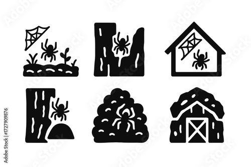 Spider Habitat Icons. Solid, filled icon set of spider habitats: forest floor, cave wall, attic corner, tree bark, garden bush, rocky crevice, desert hole, old
