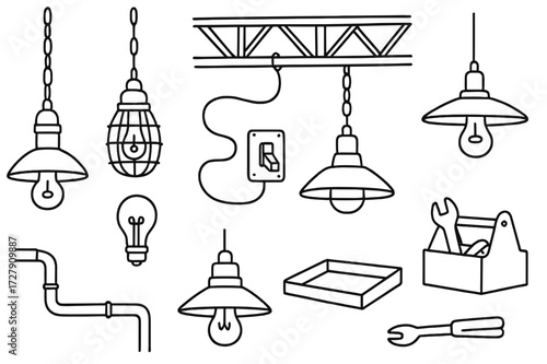 Industrial Lighting Doodle. Hand-drawn doodle illustration [Industrial lighting] [hanging lamp, cage lamp, exposed bulb, metal shade, warehouse ceiling, beam,