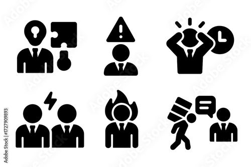 Manager Challenge Icons. Solid, filled icon set of manager challenges: problem solving, risk, stress, deadline, conflict, crisis, overload, negotiation. [Line