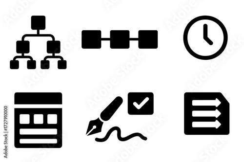 Blockchain Icon Set. Solid, filled icon set of blockchain data structure: merkle tree, linked blocks, hash chain, timestamp, nonce, block header, digital