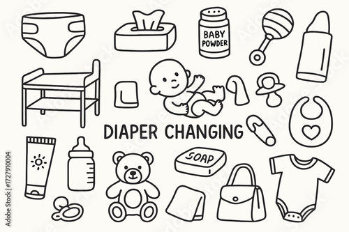 Diaper Changing Essentials. Hand-drawn doodle illustration Diaper Changing [diaper, wipes, baby powder, changing table, pacifier, rattle, bib, safety pin,