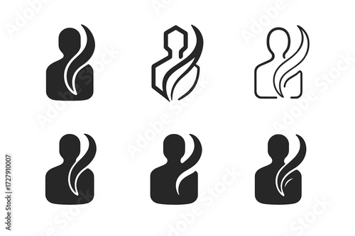 Soul Departure Logos. Soul leaving the body. Set Logo of soul leaving the body: Human outline with wispy trail icon. harmonious logo variations of the same