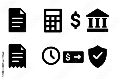 Profit Tax Icon Set. Solid, filled icon set of profit tax: tax form, calculator, dollar sign, government building, tax return, receipt, payment deadline,