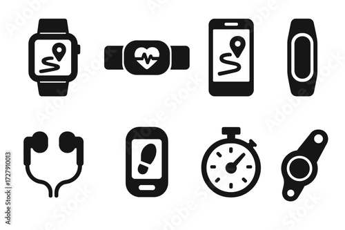 Marathon Tech Devices Icons. Solid, filled icon set of marathon tech devices: GPS watch, heart rate monitor, smartphone, fitness tracker, earphones, pedometer,
