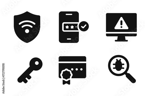 Cybersecurity Icon Set. Solid, filled icon set of cybersecurity tools: VPN, two-factor authentication, password manager, security camera, intrusion detection