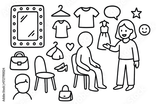 Dressing Room Doodles. Hand-drawn doodle illustration dressing room mirror mirror, hanger, clothes, dress, shirt, shoes, bag, chair, client figure, stylist,