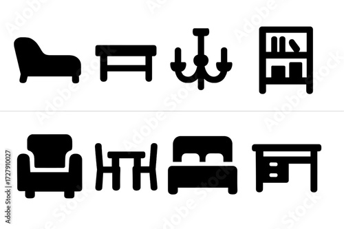 Penthouse Furniture Icons. Solid, filled icon set of penthouse furniture: chaise lounge, coffee table, chandelier, bookshelf, armchair, dining table, bed,