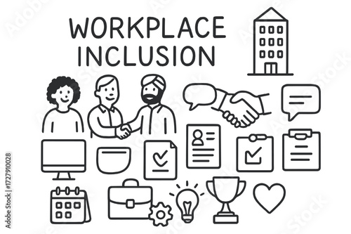 Workplace Inclusion Icons. Hand-drawn doodle illustration rising dreams rocket, ladder, flag, star, moon, sun, cloud, bird, hot air balloon, feather, kite,