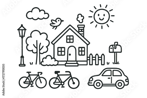 Charming Doodled Home. Hand-drawn doodle illustration [dark exterior facade] [house, roof, windows, door, steps, fence, tree, bush, mailbox, lamp post, car,
