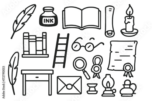 Antique Library Doodles. Hand-drawn doodle illustration Antique library quill, ink bottle, open book, scroll, candle, bookshelf, ladder, spectacles, parchment,