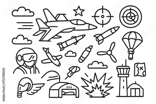 Air Combat Doodle. Hand-drawn doodle illustration Air combat fighter jet, missile, bomb, crosshair, star, radar, clouds, wings, parachute, pilot helmet,