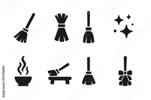 Ritual Broom Icons. Solid, filled icon set of ritual broom elements: traditional broom, tied straw, wooden handle, hanging broom, magic sparkles, cleansing
