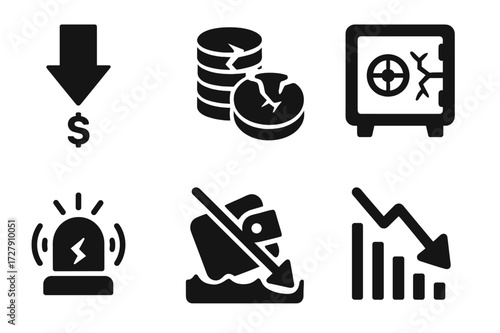 Economic Downturn Icons. Solid, filled icon set of economic downturn: falling currency, shattered money pile, descending bar graph, cracked safe, alarm bell,