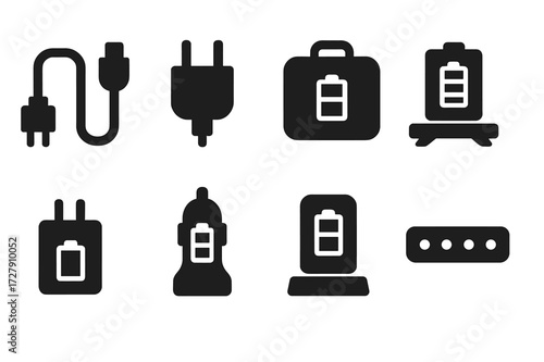 Battery Pack Icons. Solid, filled icon set of battery pack accessories: power cable, USB charger, carrying case, cooling pad, wall adapter, car charger,