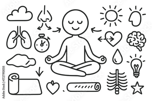 Meditation Elements Doodle. Hand-drawn doodle illustration Relaxation breathing meditation figure, lotus pose, lungs, nose, stopwatch, cloud, sun, heart,