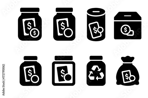 Tip Jar Icons. Solid, filled icon set of tip jar materials: glass, plastic, metal, wood, ceramic, acrylic, recycled materials, fabric pouch. Solid, filled