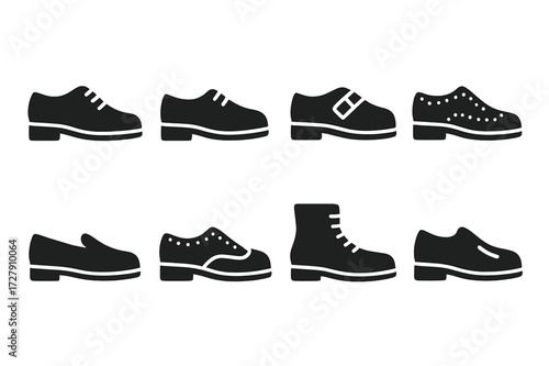 Formal Shoe Icons. Solid, filled icon set of formal shoes: oxford shoes, derby shoes, monk strap, brogues, loafers, wingtip shoes, dress boots, patent leather