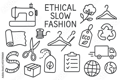 Ethical Fashion Icons. Hand-drawn doodle illustration Ethical slow fashion, sewing machine, fabric roll, scissors, thread spool, hand stitching, measuring