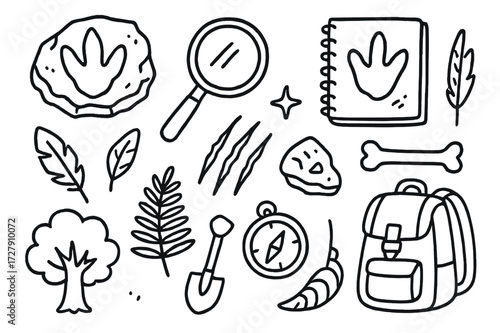 Dinosaur Footprint Exploration. Hand-drawn doodle illustration Ancient animal footprint study [fossil, dinosaur track, magnifying glass, notebook, rock,