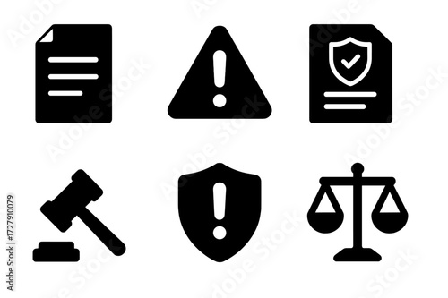 Liability Icon Set. Solid, filled icon set of liability concepts: legal document, warning triangle, insurance policy, contract, gavel, shield with exclamation,