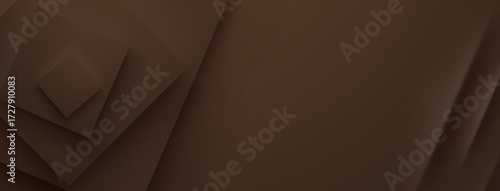 Brown abstract background with layered squares on left side, creating depth.