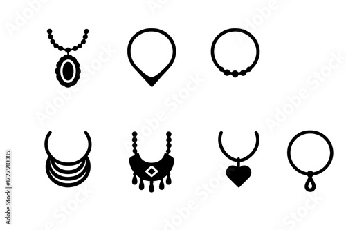 Necklace Style Icons. Solid, filled icon set of necklace styles: vintage, modern, boho, minimalist, statement, ethnic, romantic, elegant. Solid, filled icons