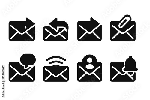 Email Icon Set. Solid, filled icon set of email communication: envelope with send arrow, envelope with reply arrow, envelope with forward arrow, envelope with