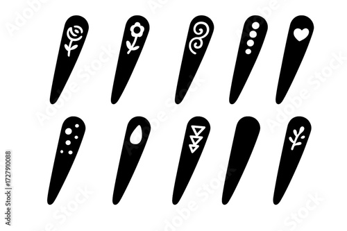 Decorative Hairpin Icons. Solid, filled icon set of hairpin decorative techniques: engraving, embossing, filigree, beading, painting, inlay, etching,