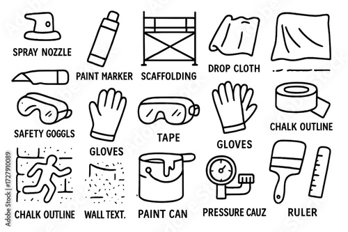 Urban Mural Tools Icons. Hand-drawn doodle illustration [urban mural tools] spray nozzle, paint marker, scaffolding, drop cloth, art knife, gloves, safety