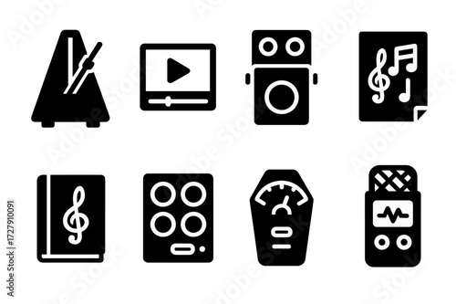 Music Practice Icons. Solid, filled icon set of improvisation practice tools: metronome, backing tracks, looper pedal, sheet music, music theory book, drum