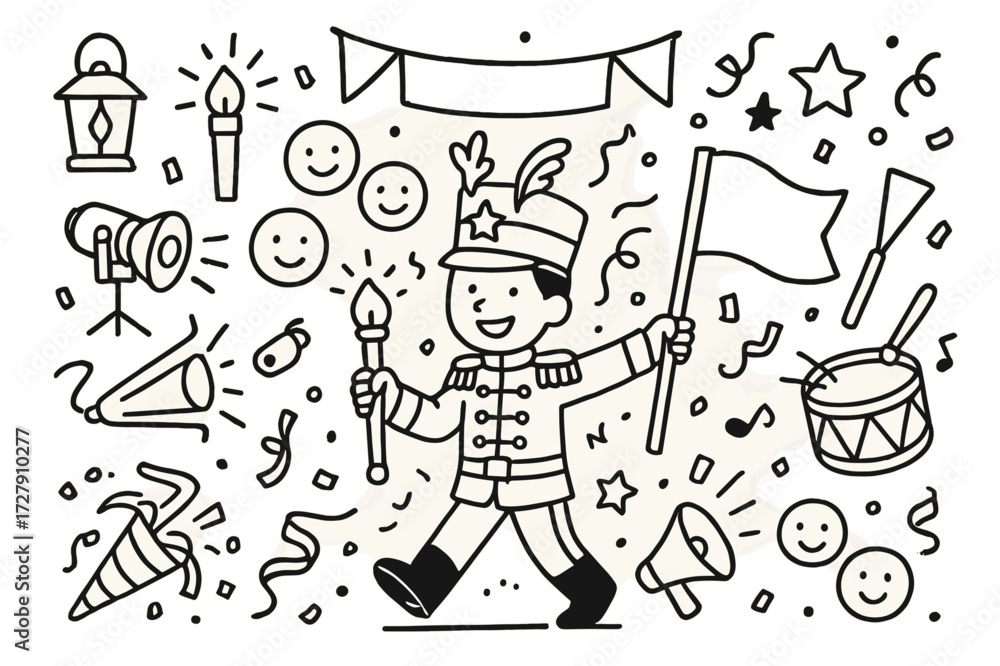 Obraz premium Night Parade Icons. Hand-drawn doodle illustration Night parade leader [lantern, spotlight, glow stick, baton, flag, drum, trumpet, star, confetti, banner,