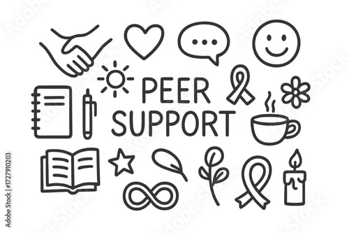 Peer Support Doodles. Hand-drawn doodle illustration Peer support [two hands, heart, chat bubble, smiley face, notebook, pen, book, star, flower, tea cup,