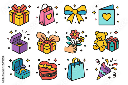 Colorful Isometric Gift Icons. Gift giving. Colorful isometric vector icons set of Gift giving: wrapped present, gift bag, ribbon bow, greeting card, surprise