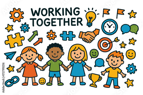 Collaborative Doodle Elements. Working together. Colorful Hand-drawn doodle Children illustration People holding hands, gears, puzzle pieces, arrows, light