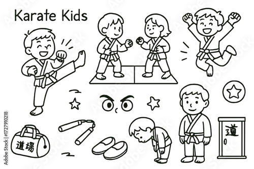 Karate Kids Doodle. Hand-drawn doodle illustration Karate Kids [child in gi, small belt, practice partner, cheerful kick, jumping pose, dojo bag, smiling