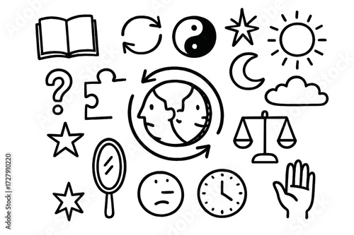 Doodle Duality Icons. Hand-drawn doodle illustration flip side coin, two faces, circle arrows, book, yin yang, puzzle piece, question mark, star, sun, moon,