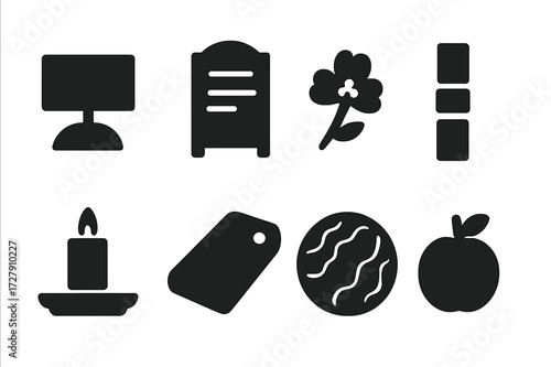 Food Decor Icon Set. Solid, filled icon set of food decor elements: name card holder, chalk menu, floral garnish, napkin wrap, candle on tray, wood board,