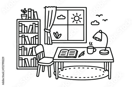 Library Doodle Elements. Hand-drawn doodle illustration [Library interior view] [window, bookshelf, books, table, chair, lamp, curtain, notebook, pen, cup,