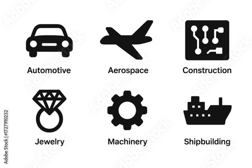 Metal Industry Icons. Solid, filled icon set of metal industries: automotive, aerospace, construction, electronics, jewelry, machinery, shipbuilding,