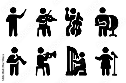 Orchestra Role Icons. Solid, filled icon set of orchestra roles: conductor, first violinist, principal cellist, percussionist, woodwind player, brass player,