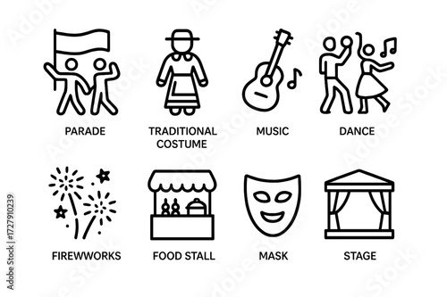 Heritage Festival Icons. Outline icon set of heritage festivals: parade, traditional costume, music, dance, fireworks, food stall, mask, stage. Line icons in