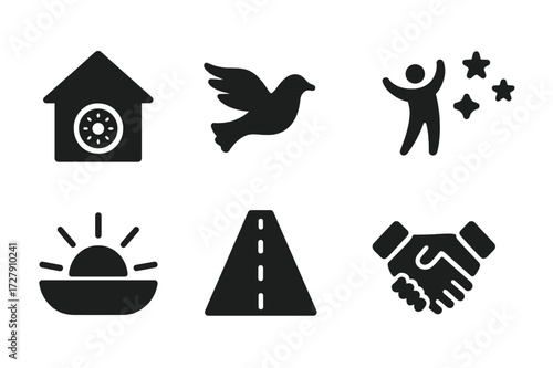 Escape Icon Set. Solid, filled icon set of escape aftermath: safe house, freedom, peace, celebration, new horizon, sunrise, open road, handshake. [Solid,