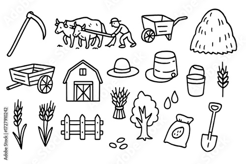 Medieval Farming Doodles. Hand-drawn doodle illustration Medieval agriculture scythe, oxen plowing, wheelbarrow, haystack, wooden cart, barn, farmer hat,