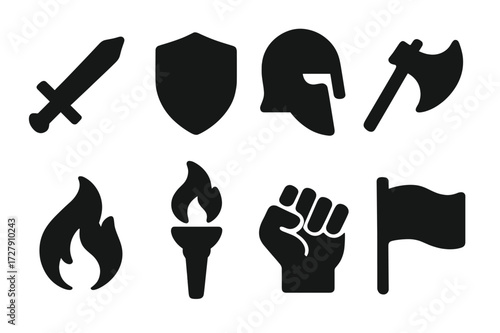 Rivalry Battle Icons. Solid, filled icon set of rivalry battles: sword, shield, helmet, battle axe, flame, torch, fist, flag. Solid, filled icons in only black